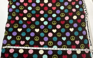 NEW Plush Fleece fabric by the Yd - Peace Sign, Hearts, Circles on Brown - 58” W - Picture 1 of 3
