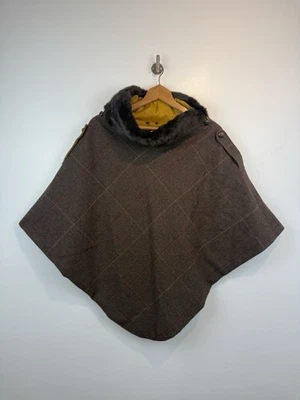 Poncho Joules Tweed Cape marrom verde feminino madeira de avelã xadrez envoltório gola de pele corrida - Imagem 1 de 4