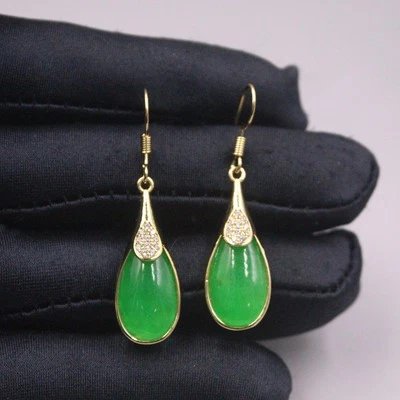 Yellow Gold-Plated Alloy Handmade Green Jade Earrings Dangle Hook 1.6inchH - Image 1 of 4