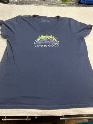 Женская футболка Life Is Good синий цветочный узор горный солнечный свет VNeck размер XXL - Изображение 1 из 4