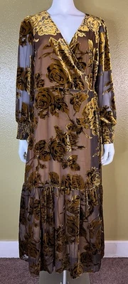 Soft Surroundings Jamila Velvet Maxi Wrap Dress Burnout Gold Floral Sz M Boho - Image 1 of 4