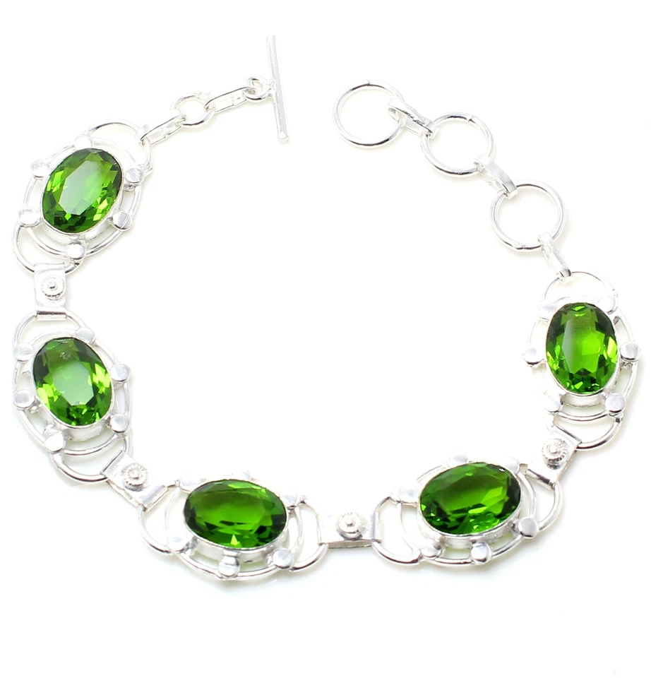 Green Peridot Gemstone Handmade 925 Sterling Silver Jewelry Bracelet Size 7-8" - Image 1 of 1