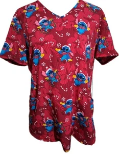 Disney Santa Stitch Christmas Holiday Scrub Top Pockets Stretch Size Medium - Picture 1 of 12