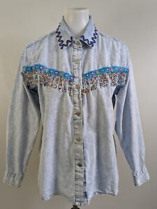 Vtg 80s Gitano Stonewash Denim Jean Shirt Top Rainbow Bead Fringe Hippy S Blouse