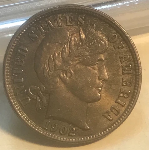 1902 barber Dime ,  Toned AU Cover