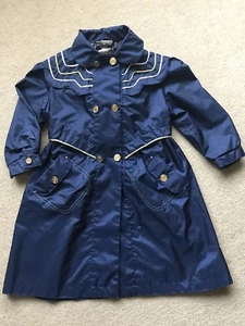 Vintage 80's Doren Girl Long Raincoat Sz 5 Navy Blue Gold Buttons Detach Hood - Picture 1 of 6