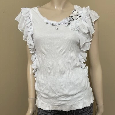 Blusa Top Mujer Blanca Poliéster Informal Verano Elastizada Transparente Cuentas Talla M Foto 1 de 4