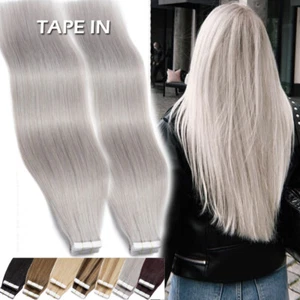 #GREY 200G 80pcs Tape In Russian Remy Human Hair Extensions Thick Skin Weft Long - Picture 1 of 44