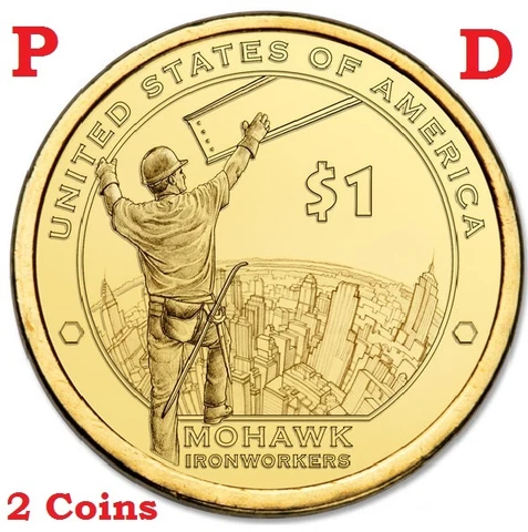 2 coins set 2015 P D Native American Mohawk High Iron Worker Sacagawea Dollar $1 Cover
