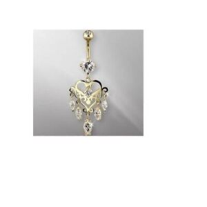 Navel Ring with Marquise Dangle Heart Simulated Diamond 14Karat Yellow Gold 
