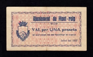 F.C. MONT-ROIG (TARRAGONA) , 1 PESSETA 1937 , SERIE A , EBC . - Bild 1 von 2