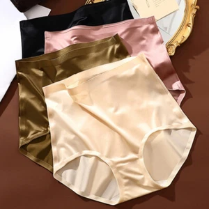 Women Shiny Satin Silky High Waist Briefs Panties Seamless Underwear Knickers - Picture 1 of 22