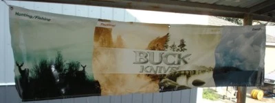 1 BUCK KNIFE KNIVES 4 SEASONS VINYL BANNER 81" X 21" RIGHT OUTTA FACTORY STORAGE - Image 1 of 4