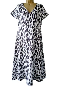 Ladies Size 10 12 Black White Smart Casual Animal Print V Neck A Line Midi Dress - Picture 1 of 9