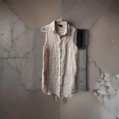 Saks Fifh Avenue Linen Shirt Dress Womens Medium Pink Stripe ButtonUp Sleeveless - Image 1 of 4