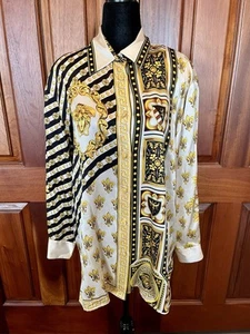 Blusa PAOLO SANTINI 100% Seda Talla 14 Artsy Fleur De Lis Dios Griego Apolo Dorado - Imagen 1 de 10