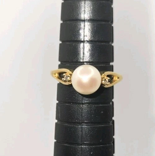 Anel solitário pérola cultivada ouro amarelo 14K pérola e diamante Reeds tamanho 7 em excelente estado usado - Imagem 1 de 4