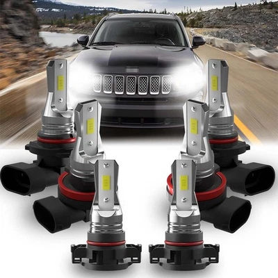 For Jeep Compass 2011 2012 2013 - 6000K LED Headlights +Fog Bulbs Combo Kit 6x - Image 1 of 4