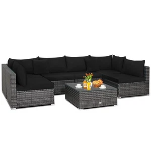 Patiojoy 7PCS Patio Rattan Furniture Set Sectional Sofa Cushioned Garden Black - Picture 1 of 11