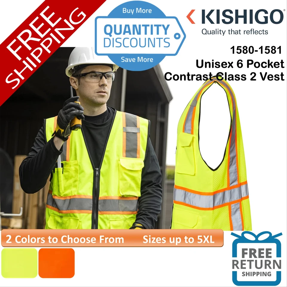 🔥 Chaleco reflectante de seguridad Kishigo 6 bolsillos en contraste clase 2 hasta 5XL 1580-1581 Foto 1 de 1