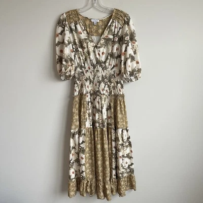 Current Air пэчворк цветочный смешанный печать ярусный Midi платье XS льняной смеси богемное - Изображение 1 из 4
