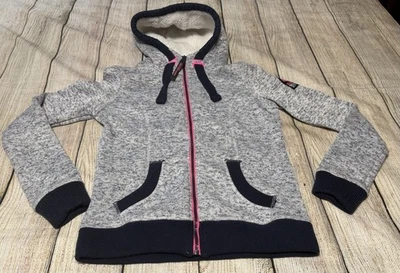 Moletom com capuz Superdry Mountain etiqueta rosa cinza azul marinho com zíper tamanho M TubO - Imagem 1 de 4