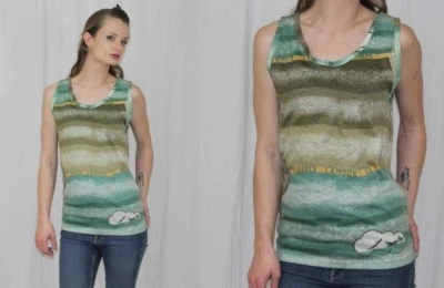 Camiseta sin mangas retro vintage años 70 BVD verde novedad globo nubes pájaros hippie S Foto 1 de 4