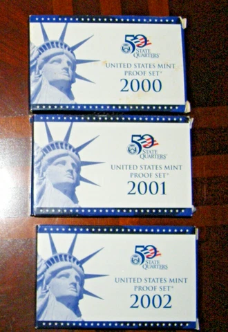 2000, 2001 and  2002 United States Mint Proof Sets W/COA Cover