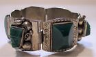 Mexico 925 Sterling silver wide panel carved head face malachite bracelet 66.gm 