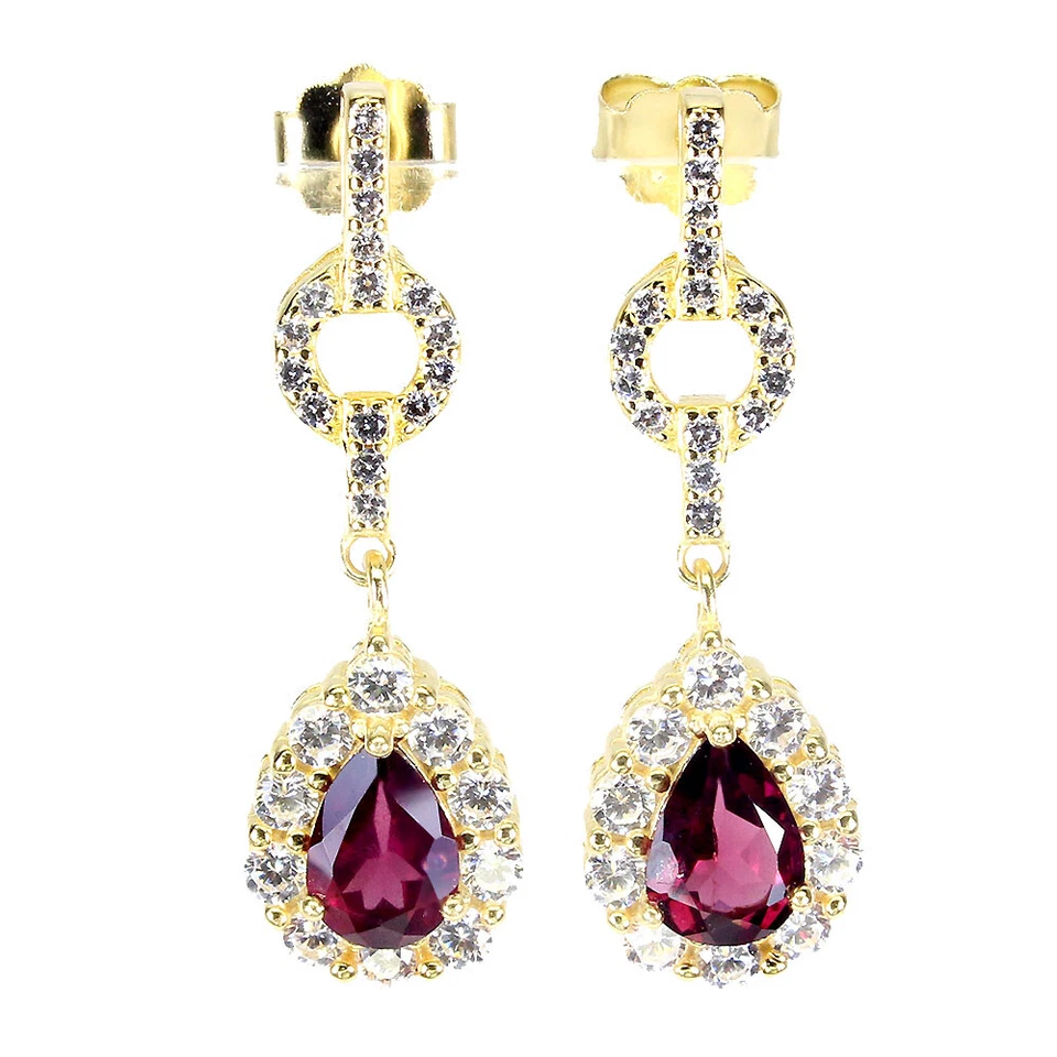 925 Sterling Silver Pear Rhodolite Garnet 7x5mm Simulated Cz  Earrings - Image 1 of 4