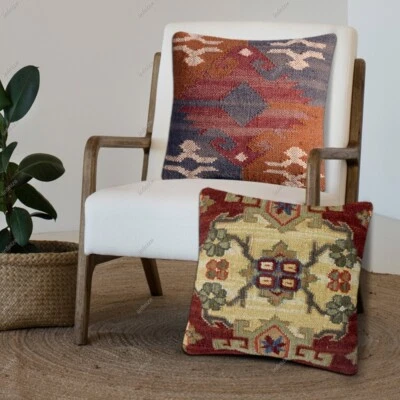 Rustic 2 Pcs Wool Jute Pillow Cover Handwoven Bohemian Cushion for Living Room - Image 1 of 4