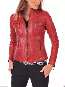 Womens Red Lambskin Soft Real Leather Jacket Motorcycle Slim fit Biker Jacket - Foto 1 di 4