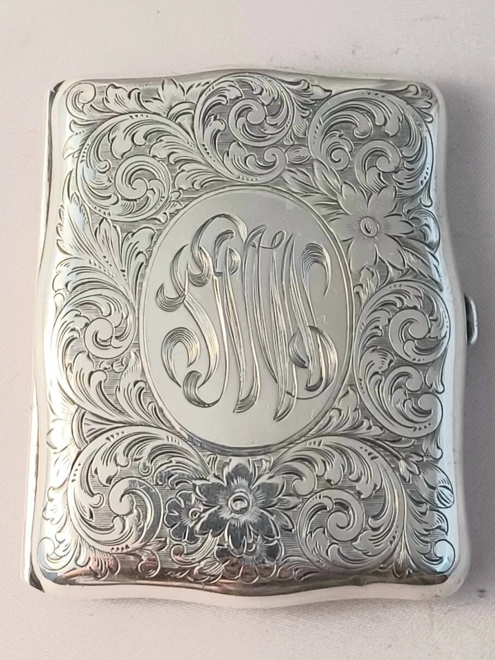 Estuche de cigarros vintage Gorham Sterling decorado mono'd 3 1/8" x 2 1/2" Foto 1 de 4
