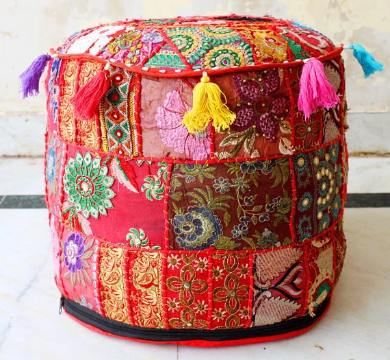 Indian Handmade Vintage Patchwork Cotton Ottoman Pouffe Cover Round Ethnic Decor - Image 1 of 1
