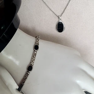 Vintage .925 griechischer Schlüssel oval schwarzer Onyx 7,5" Armband & 19" signiert SU Halskette Posten - Bild 1 von 7