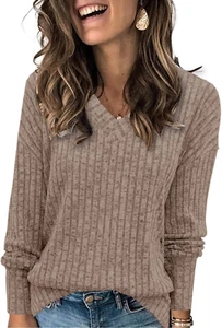 Womens Sweatshirts V Neck Long Sleeve Shirts Loose Casual Fall Fashion - Picture 1 of 5
