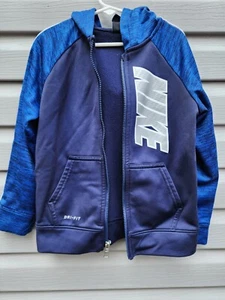 NIKE Dri Fit Boy's Unisex Size 7 Navy Blue Full Zip Hooded Jacket - Picture 1 of 6