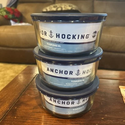 3 New Anchor Hocking Clear Round Glass Food Storage Bowls -4 Cup with Lids - Image 1 of 4