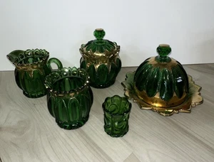 Antiguo Cuenco EAPG X Ray Riverside Vidrio Verde Esmeralda y Borde Dorado 4" EE. UU. 1900 - Imagen 1 de 24