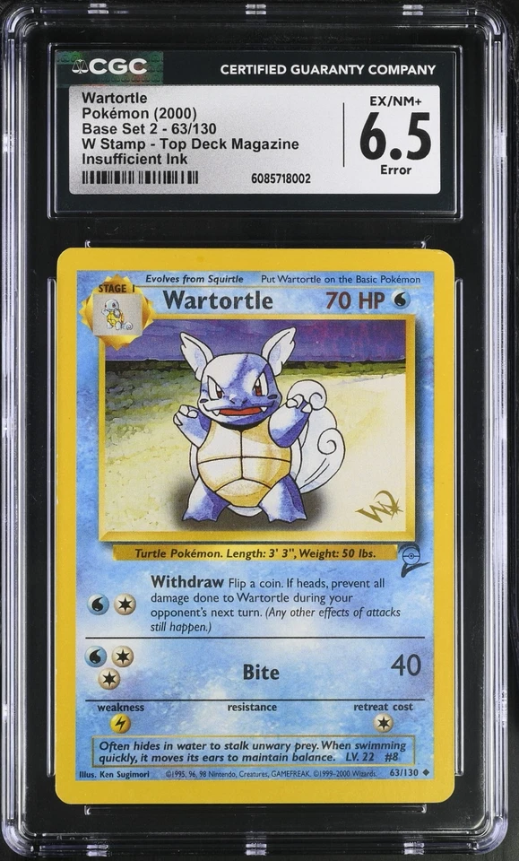 Pokemon 2000 CGC 6.5 EX/NM+ Wartortle Insufficient Ink ERROR W Stamp Base Set 2 - Image 1 of 2