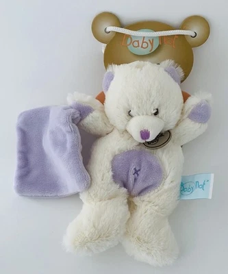 6298🌟18cm Doudou Peluche Mouchoir Ours Babynat Baby Nat Blanc Écru Violet Mauve - Photo 1/3