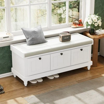 Classic Shoe Bench w/ Cushion Three Drawers Fluted Entryway Bench with Storage - Image 1 of 4