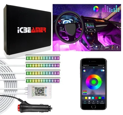 4x App Music Control Car Interior Decor Atmosphere RGB Light Strip Phone USA E76 - Image 1 of 4