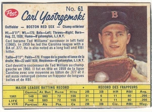 1962 Post CDN MLB # 61 Carl Yastrzemski Boston Red Sox VG to VG-EX! - Picture 1 of 2