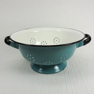 Vintage Enamelware Colander Turquoise Teal Black Trim White Interior 9 inch - Image 1 of 4