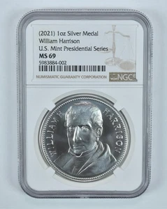 (2021) 1oz Silver Medal Harrison US Mint Presidential Series MS69 NGC Brown Lbl - Picture 1 of 5