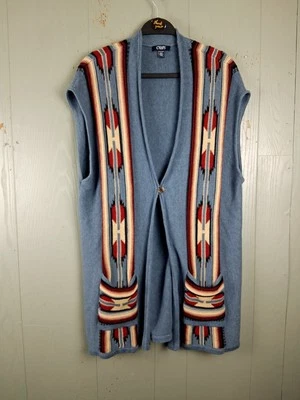 Cárdigan Suéter Chaps 2X Azul Azteca Occidental 1 Botón Bolsillos Rancho Tribal Largo Foto 1 de 4