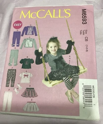 McCall’s Sewing Pattern 6593 Pants Skirt Top Arm Warmer Girls Size 1-2-3 Uncut - Image 1 of 4