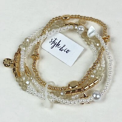 Style & Co Stretch Bracelet White Bead Gold-Tone Charm Set of 4 Layered - Image 1 of 3