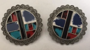 Pendientes perforados vintage de esmalte en tono peltre Don-Lin azul rojo blanco - Imagen 1 de 4